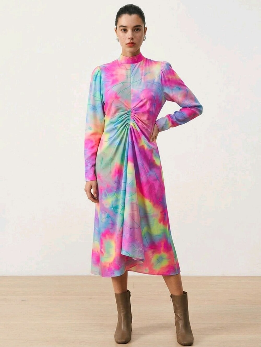 Sies Marjan Nara Glitter Pastel Tie Dye Mock Neck Long Sleeve Midi Dress Size 6